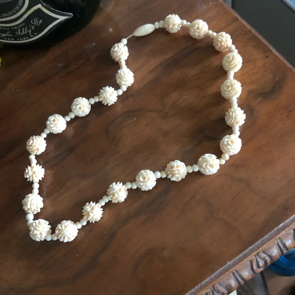 Antique Carved Roses Ivory Necklace